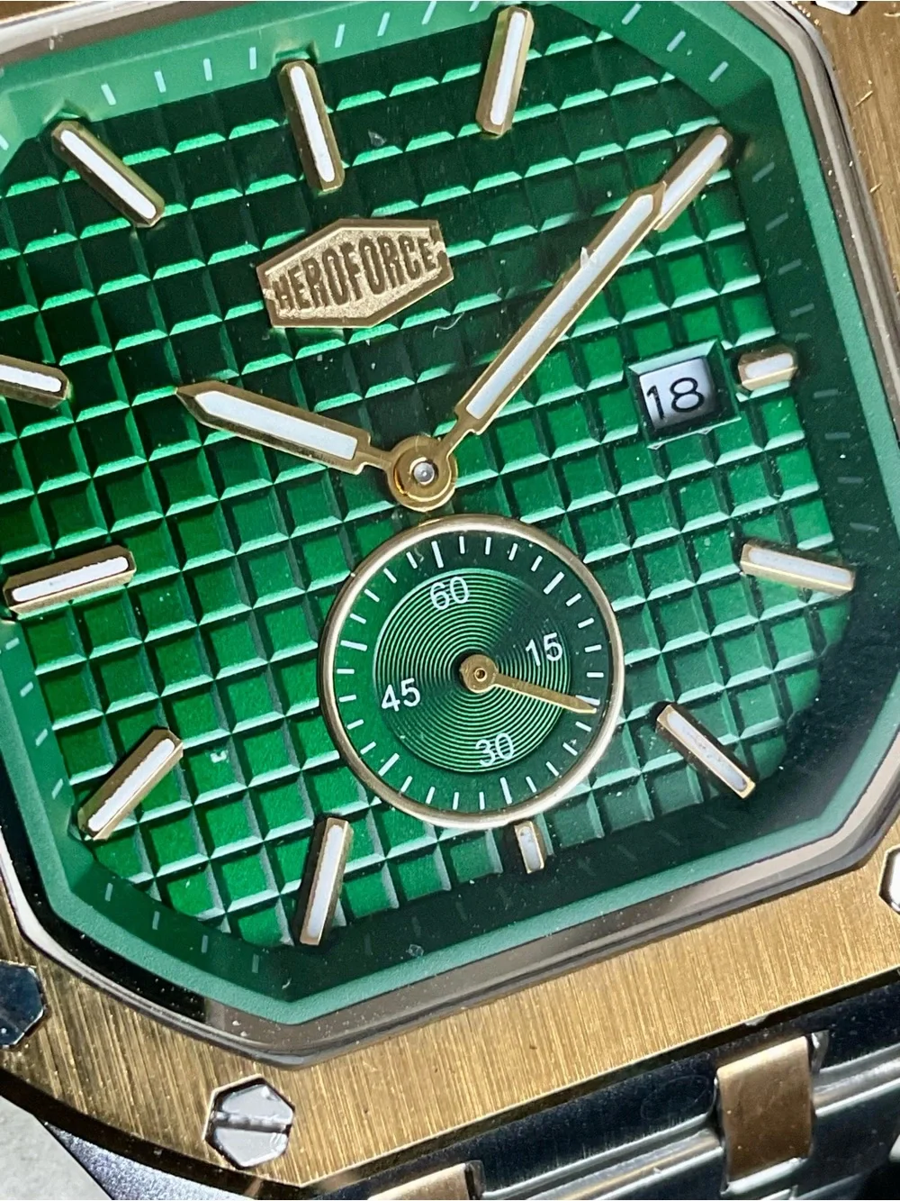 NIB Green and Gold Octagonal Square S/S Heroforce Watch Waffle Dial + Tool